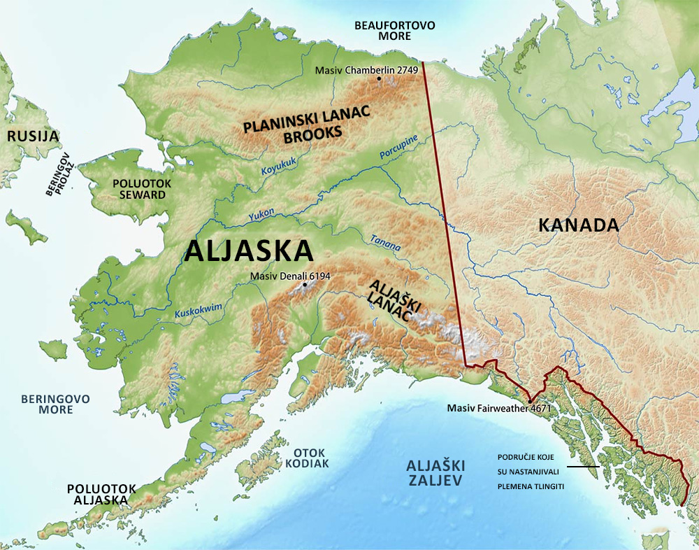 karta područja na Aljasci koje su nastanjivali Tlingiti